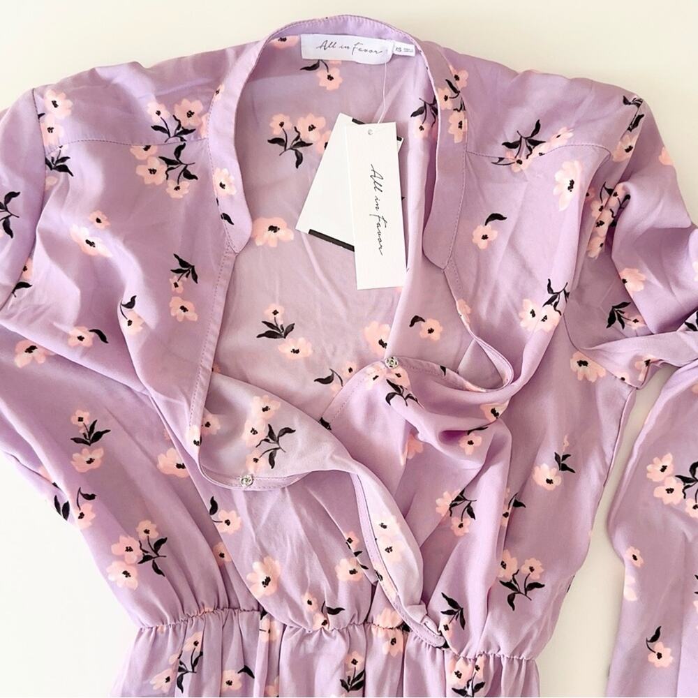 All In Favor Lilac Purple Floral Long Sleeve Surplice Mini Dress NWT XS - Picture 3 of 8